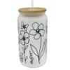 16oz Frosted Glass With Bamboo Lid and Plastic Straw - Floral Design (Black Floral#1, 16oz) view 1