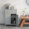 COSTWAY Bathroom Floor Cabinet, Wooden Side Storage Organizer w/Larger Drawer, Adjustable Shelf & 2-Door Cupboard, Freestanding Storage Cabinet for Living Room, Kitchen, Entryway (Grey) view 2