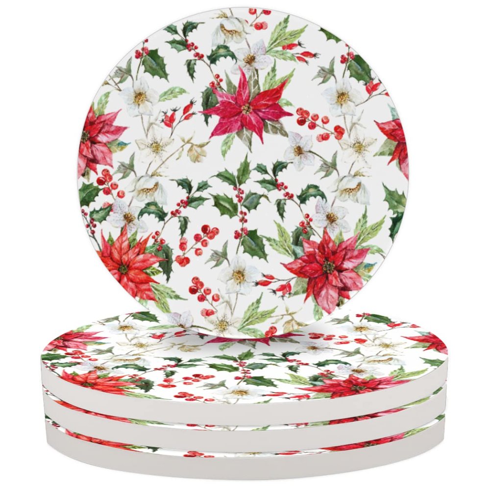 Christmas Hellebore Berries Ceramic Round Coasters Set of 4 - Absorbent Drink Coasters for Coffee Mugs Wine Glasses Cups, Non-Scratch Place Mats for Kitchen Bar Counter Dining Office Table Decor
