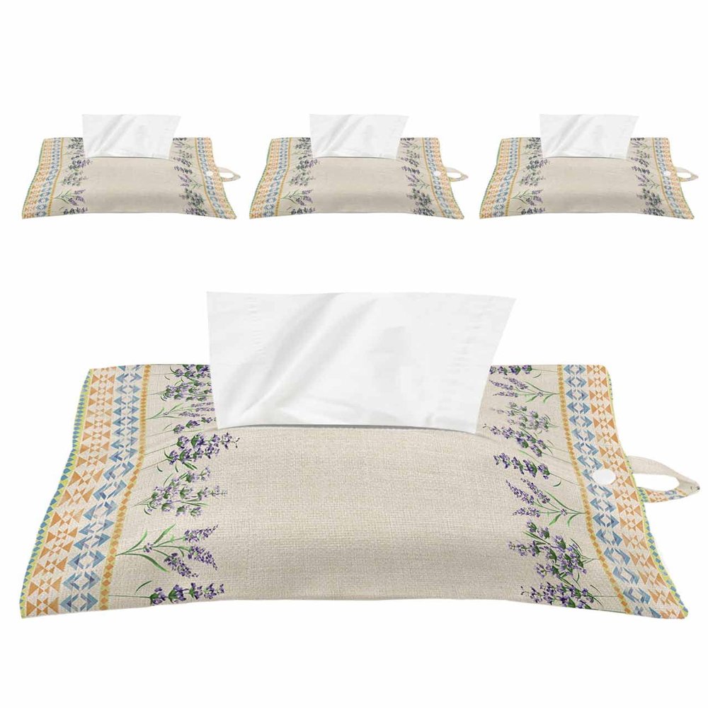 Boho Lavender Tissues Box Cover Rectangular Square Travel Car Tissue Holder with Hanging Strip,4 Packs Multifunctional Bathroom Toilet Tissue Boxes Storage Bag,Retro Purple Flower Blue Orange