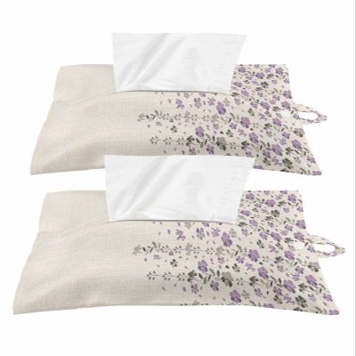 Retro Flowers Leaves Tissues Box Cover Rectangular Square Travel Car Tissue Holder with Hanging Strip,2 Packs Bathroom Toilet Tissue Boxes Storage Bag,Summer Fall Purple Grey Plant Floral Leaf