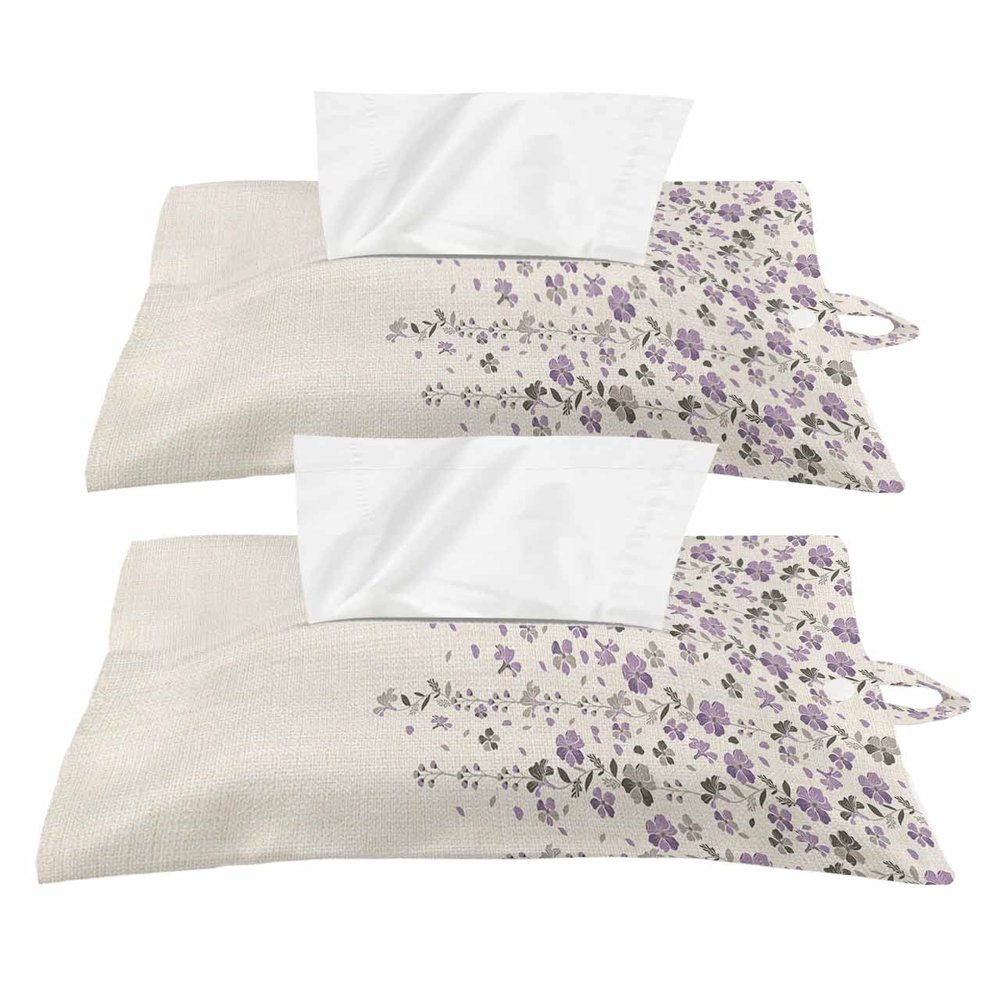 Retro Flowers Leaves Tissues Box Cover Rectangular Square Travel Car Tissue Holder with Hanging Strip,2 Packs Bathroom Toilet Tissue Boxes Storage Bag,Summer Fall Purple Grey Plant Floral Leaf