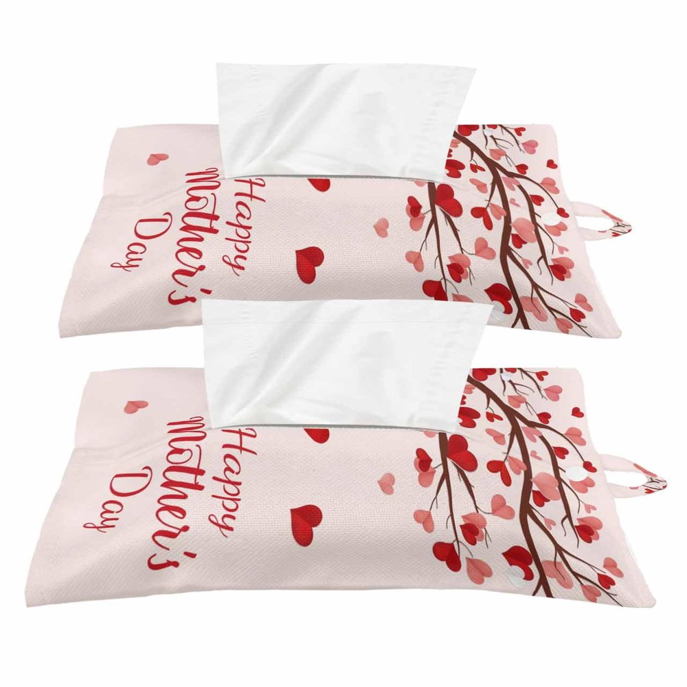 Pink Red Love Tree Tissues Box Cover Rectangular Square Travel Car Tissue Holder with Hanging Strip,2 Packs Multifunctional Bathroom Toilet Tissue Boxes Storage Organizer Bag,Spring Happy Mother's Day