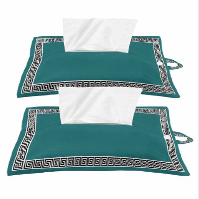 Blue Green Black Tissues Box Cover Rectangular Square Travel Car Tissue Holder with Hanging Strip,2 Packs Bathroom Toilet Tissue Boxes Storage Bag,Traditional Blue Black Geometric Tile Pattern