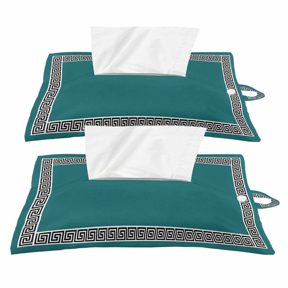 Blue Green Black Tissues Box Cover Rectangular Square Travel Car Tissue Holder with Hanging Strip,2 Packs Bathroom Toilet Tissue Boxes Storage Bag,Traditional Blue Black Geometric Tile Pattern