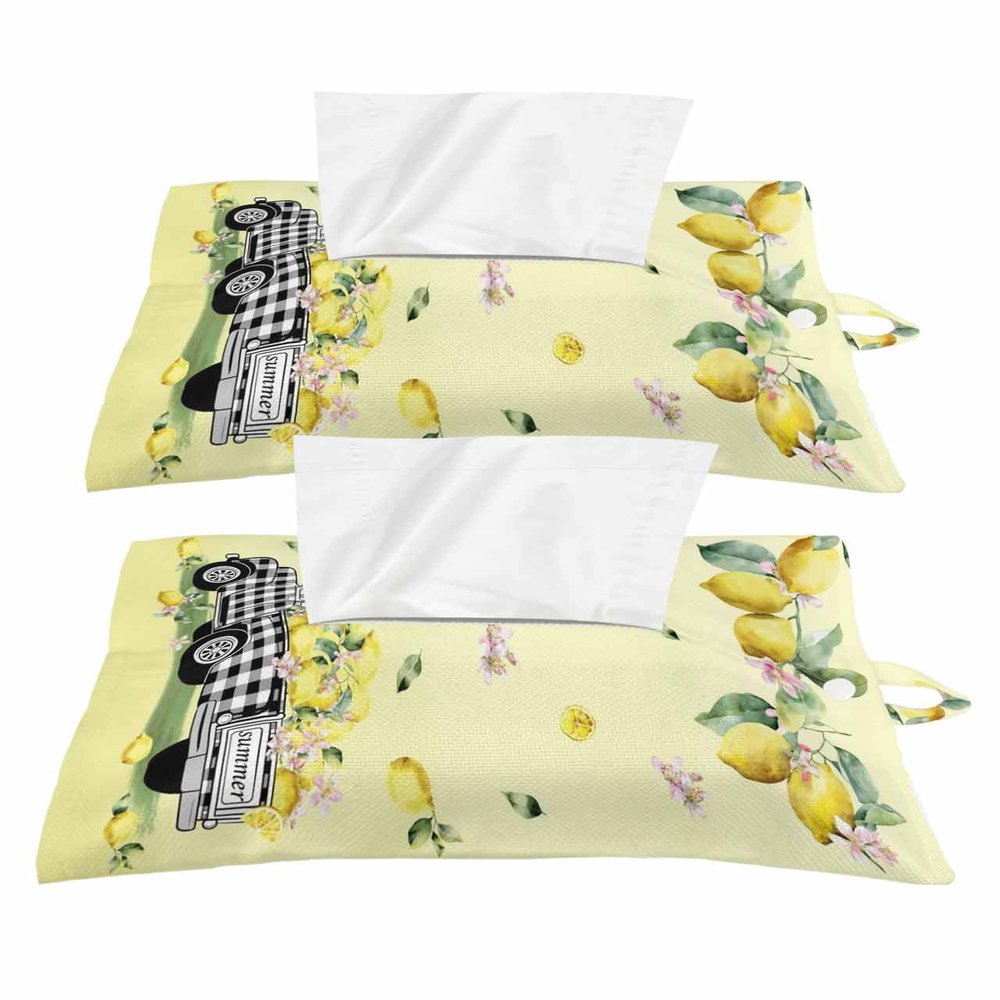 Black Truck Yellow Lemon Tissues Box Cover Rectangular Square Travel Car Tissue Holder with Hanging Strip,2 Packs Multifunctional Bathroom Toilet Tissue Boxes Storage Bag,Country Summer Fruit Lattice