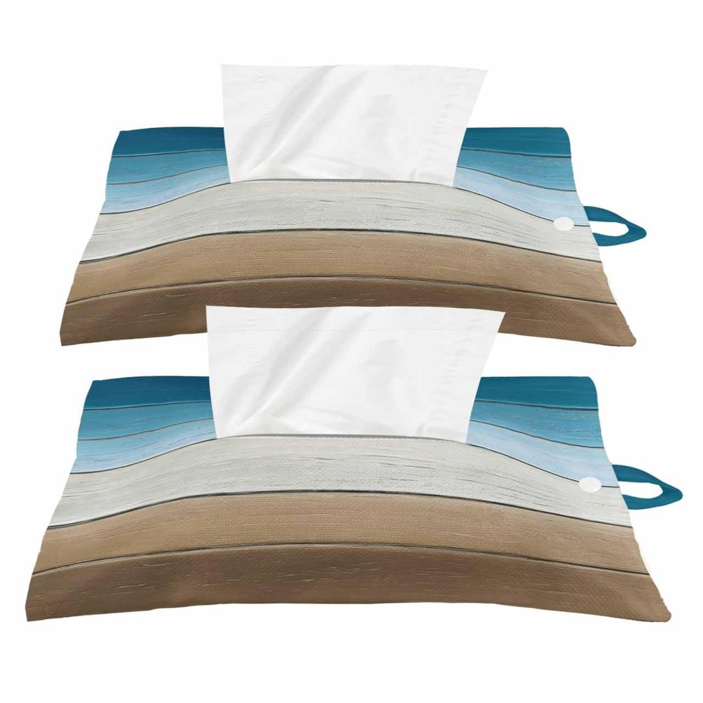 Blue Brown Wood Tissues Box Cover Rectangular Square Travel Car Tissue Holder with Hanging Strip,2 Packs Multifunctional Bathroom Toilet Tissue Boxes Storage Organizer Bag,Farmhouse Ombre Color