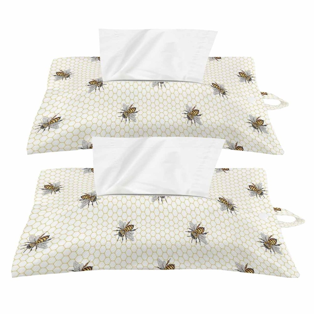 Spring Bee Tissues Box Cover Rectangular Square Travel Car Tissue Holder with Hanging Strip,2 Packs Multifunctional Bathroom Toilet Tissue Boxes Storage Organizer Bag,Geometric Honey Plaid Comb