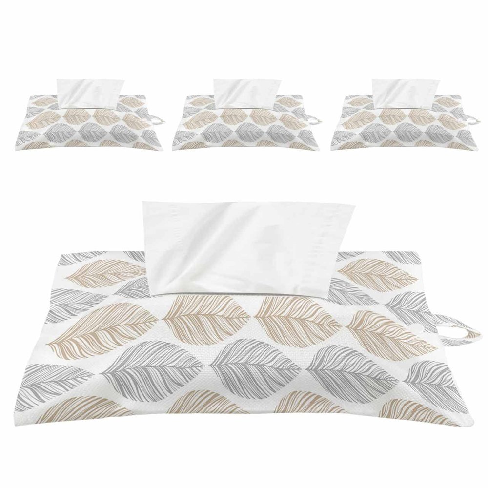 Khaki Leaves Tissues Box Cover Rectangular Square Travel Car Tissue Holder with Hanging Strip,4 Packs Multifunctional Bathroom Toilet Tissue Boxes Storage Organizer Bag,Abstract Grey Leaf Plant Art