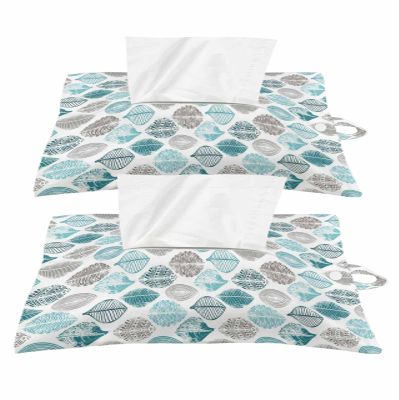 Teal Grey Leaves Tissues Box Cover Rectangular Square Travel Car Tissue Holder with Hanging Strip,2 Packs Multifunctional Bathroom Toilet Tissue Boxes Storage Organizer Bag,Rustic Fall Leaf Watercolor