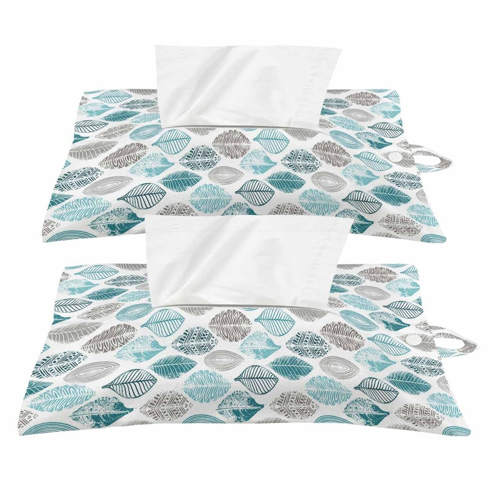 Teal Grey Leaves Tissues Box Cover Rectangular Square Travel Car Tissue Holder with Hanging Strip,2 Packs Multifunctional Bathroom Toilet Tissue Boxes Storage Organizer Bag,Rustic Fall Leaf Watercolor