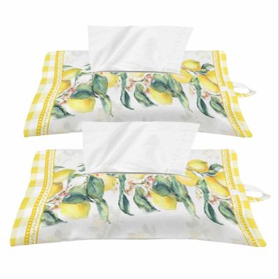 Rustic Lemon Summer Green Leaf Tissues Box Cover Rectangular Square Travel Car Tissue Holder with Hanging Strip,2 Packs Bathroom Toilet Tissue Boxes Storage Bag,Yellow and White Buffalo Plaid