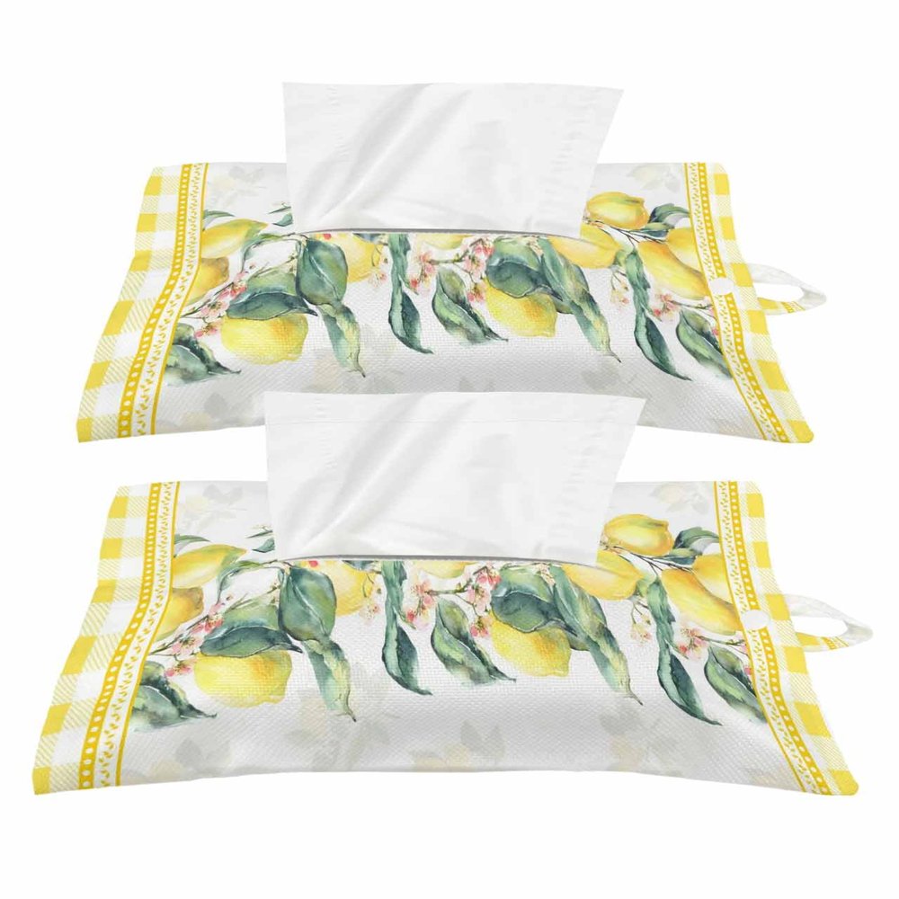 Rustic Lemon Summer Green Leaf Tissues Box Cover Rectangular Square Travel Car Tissue Holder with Hanging Strip,2 Packs Bathroom Toilet Tissue Boxes Storage Bag,Yellow and White Buffalo Plaid