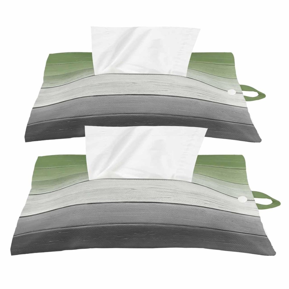 Country Green Wood Tissues Box Cover Rectangular Square Travel Car Tissue Holder with Hanging Strip,2 Packs Multifunctional Bathroom Toilet Tissue Boxes Storage Organizer Bag,Ombre Grey White