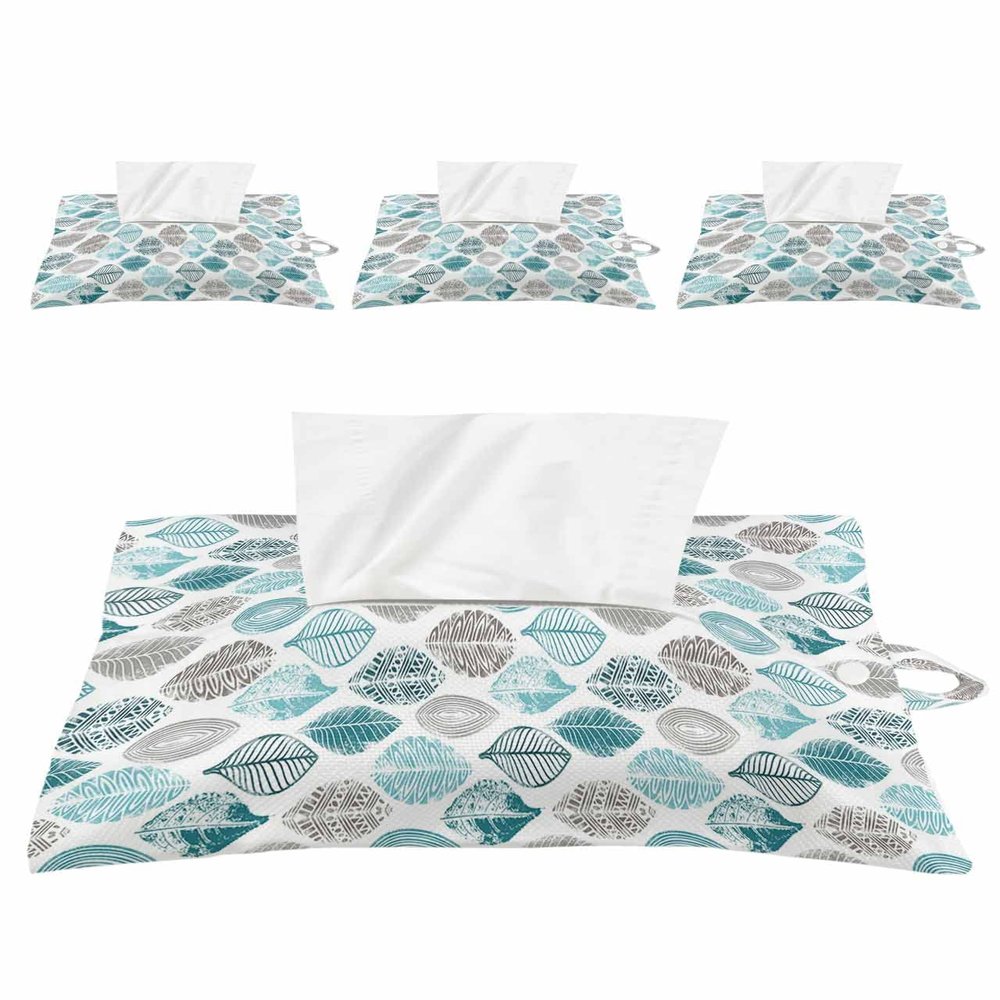Teal Grey Leaves Tissues Box Cover Rectangular Square Travel Car Tissue Holder with Hanging Strip,4 Packs Multifunctional Bathroom Toilet Tissue Boxes Storage Organizer Bag,Rustic Fall Leaf Watercolor