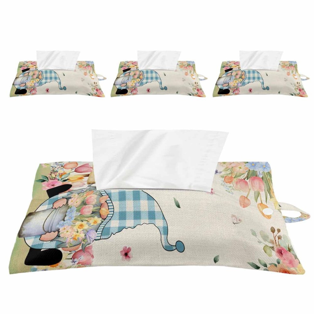 Hello Spring Tissues Box Cover Rectangular Square Travel Car Tissue Holder with Hanging Strip,4 Packs Multifunctional Bathroom Toilet Tissue Boxes Storage Bag,Tulip Gnomes Colorful Flower Blue Plaid