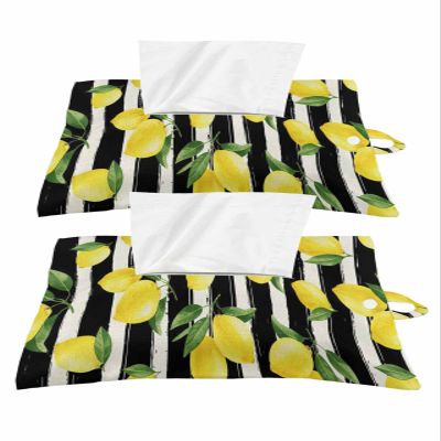 Rustic Black and White Stripes Tissues Box Cover Rectangular Square Travel Car Tissue Holder with Hanging Strip,2 Packs Bathroom Toilet Tissue Boxes Storage Bag,Summer Lemon Yellow Green Leaves