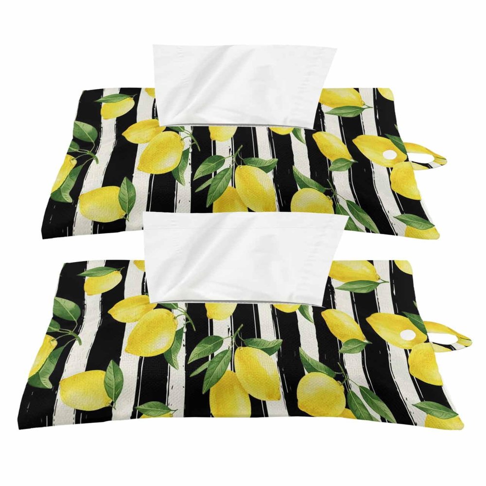 Rustic Black and White Stripes Tissues Box Cover Rectangular Square Travel Car Tissue Holder with Hanging Strip,2 Packs Bathroom Toilet Tissue Boxes Storage Bag,Summer Lemon Yellow Green Leaves