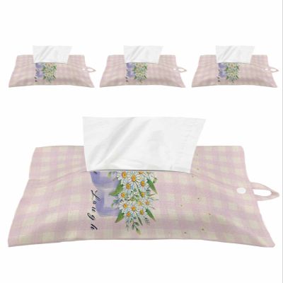 Daisy Flowers Tissues Box Cover Rectangular Square Travel Car Tissue Holder with Hanging Strip,4 Packs Multifunctional Bathroom Toilet Tissue Boxes Storage Bag,Vintage Florals Pink Buffalo Plaid Check
