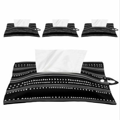 Bohemian Geometric Tissues Box Cover Rectangular Square Travel Car Tissue Holder with Hanging Strip,4 Packs Multifunctional Bathroom Toilet Tissue Boxes Storage Bag,Boho Style Stripes Triangle Black