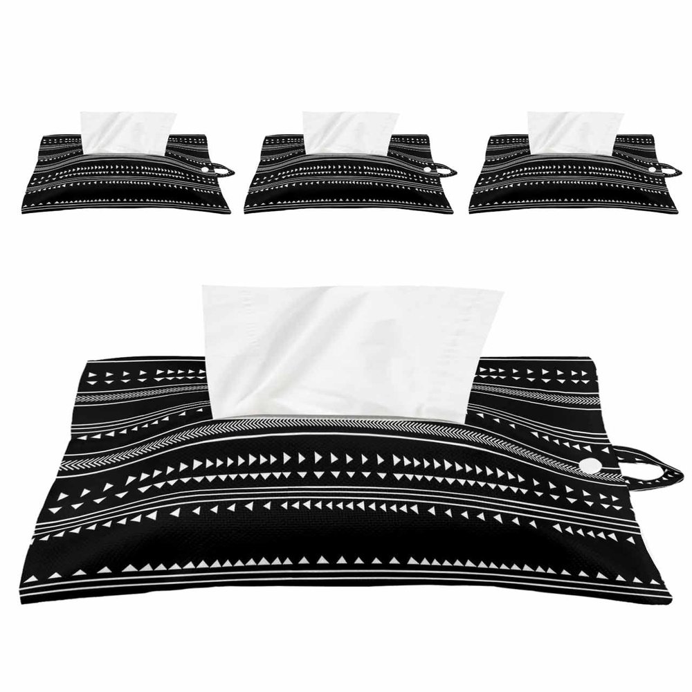 Bohemian Geometric Tissues Box Cover Rectangular Square Travel Car Tissue Holder with Hanging Strip,4 Packs Multifunctional Bathroom Toilet Tissue Boxes Storage Bag,Boho Style Stripes Triangle Black