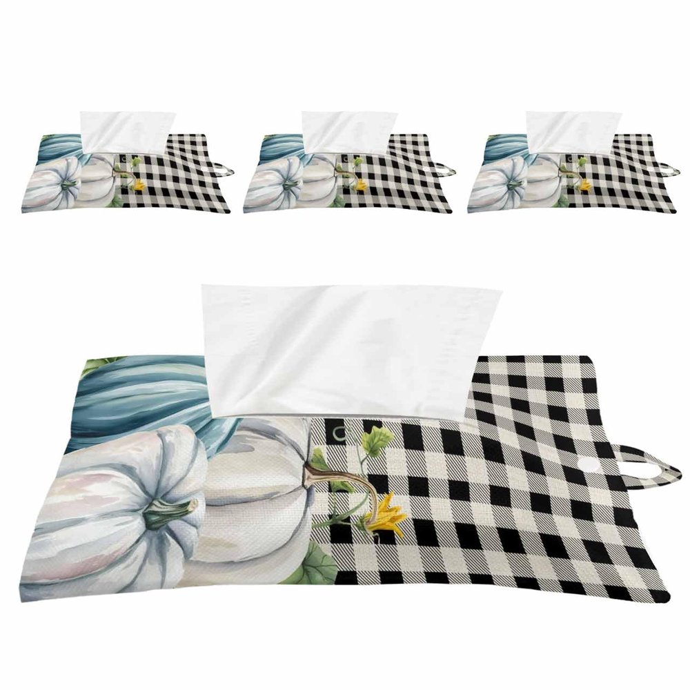 Thanksgiving Tissues Box Cover Rectangular Square Travel Car Tissue Holder with Hanging Strip,4 Packs Bathroom Toilet Tissue Boxes Storage Bag,Fall Teal Pumpkins Leaves Farmhouse Black Plaid Holiday