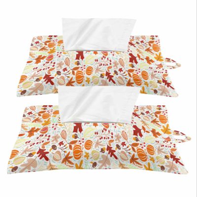 Autumn Tissues Box Cover Rectangular Square Travel Car Tissue Holder with Hanging Strip,2 Packs Multifunctional Bathroom Toilet Tissue Boxes Storage Bag,Fall Pumpkins Maple Leaves Cartoon Art Decor