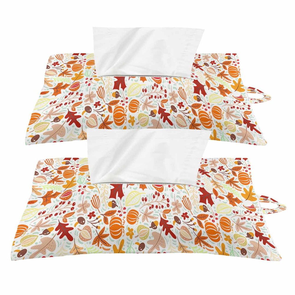 Autumn Tissues Box Cover Rectangular Square Travel Car Tissue Holder with Hanging Strip,2 Packs Multifunctional Bathroom Toilet Tissue Boxes Storage Bag,Fall Pumpkins Maple Leaves Cartoon Art Decor