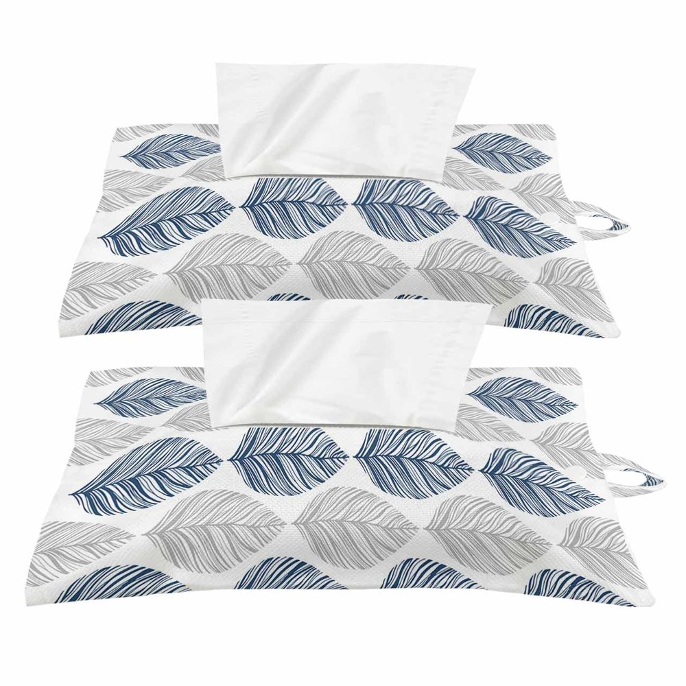 Navy Blue Leaf Tissues Box Cover Rectangular Square Travel Car Tissue Holder with Hanging Strip,2 Packs Multifunctional Bathroom Toilet Tissue Boxes Storage Bag,Grey Abstract Plant Leaves Art