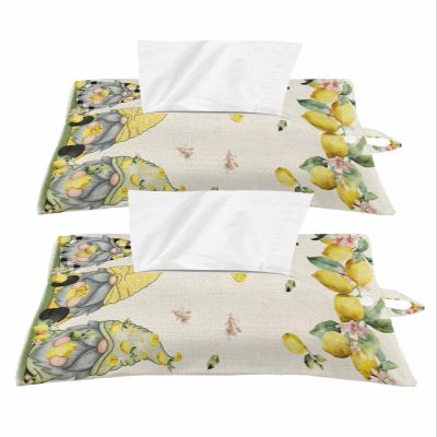 Lemon Farmhouse Gnomes Tissues Box Cover Rectangular Square Travel Car Tissue Holder with Hanging Strip,2 Packs Multifunctional Bathroom Toilet Tissue Boxes Storage Bag,Yellow Black White Checkered