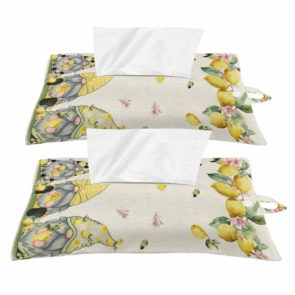 Lemon Farmhouse Gnomes Tissues Box Cover Rectangular Square Travel Car Tissue Holder with Hanging Strip,2 Packs Multifunctional Bathroom Toilet Tissue Boxes Storage Bag,Yellow Black White Checkered