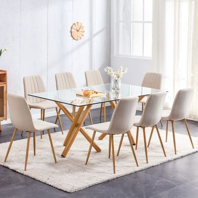 71" Large Rectangular Glass Dining Table for 6-8, Modern Minimalist Kitchen Table with 0.39" Tempered Glass Tabletop and Wood Color Metal Legs for Kitchen Dining Living Meeting Room Banquet Hall