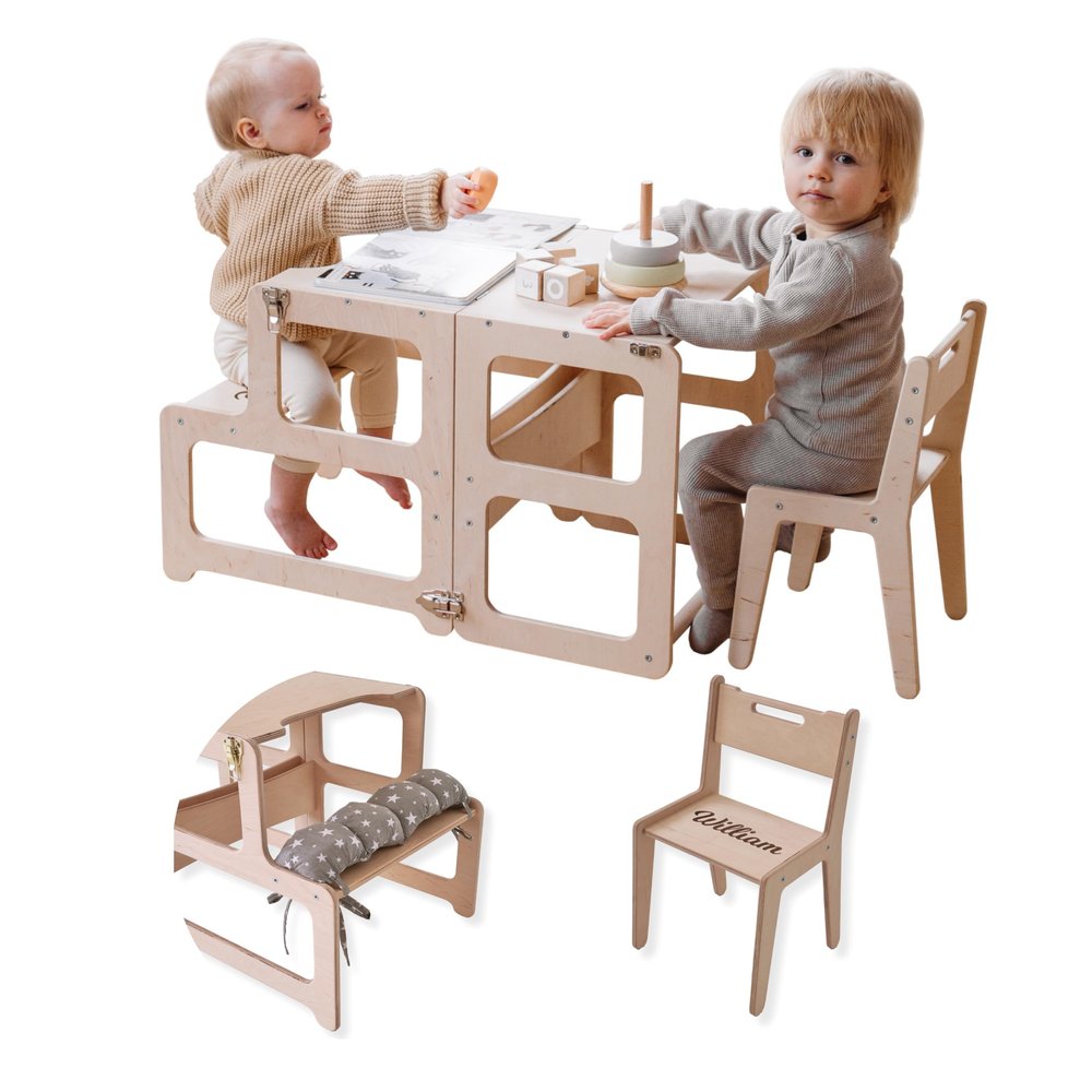 Kitchen Tower, Toddler Tower, Montessori Kitchen Tower, Kitchen Stool, Montessori Furniture, Activity Tower (White, With Chair + Pillow)