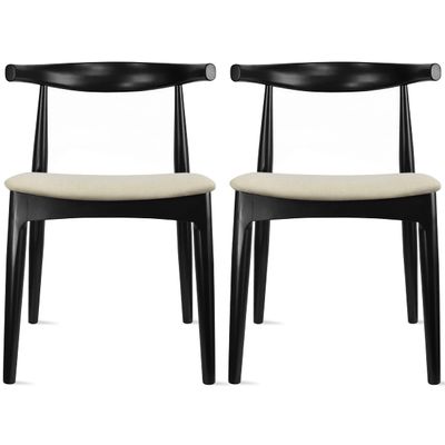 2xhome Set of 2 Solid Wooden Dining Chairs | Upholstered Beige Cloth Linen Cushioned Seat | Modern Farmhouse Elbow Side Chair | Home, Kitchen, Office, Meetings (Black)