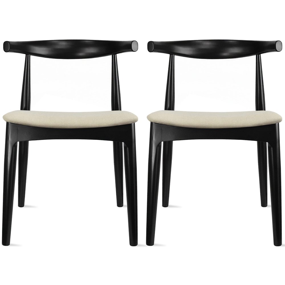 2xhome Set of 2 Solid Wooden Dining Chairs | Upholstered Beige Cloth Linen Cushioned Seat | Modern Farmhouse Elbow Side Chair | Home, Kitchen, Office, Meetings (Black)