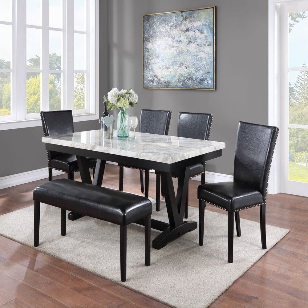 Beautiful 6pc Dining Set White Faux Marble Table Top Black PU Fabric Chairs Bench Home Furniture
