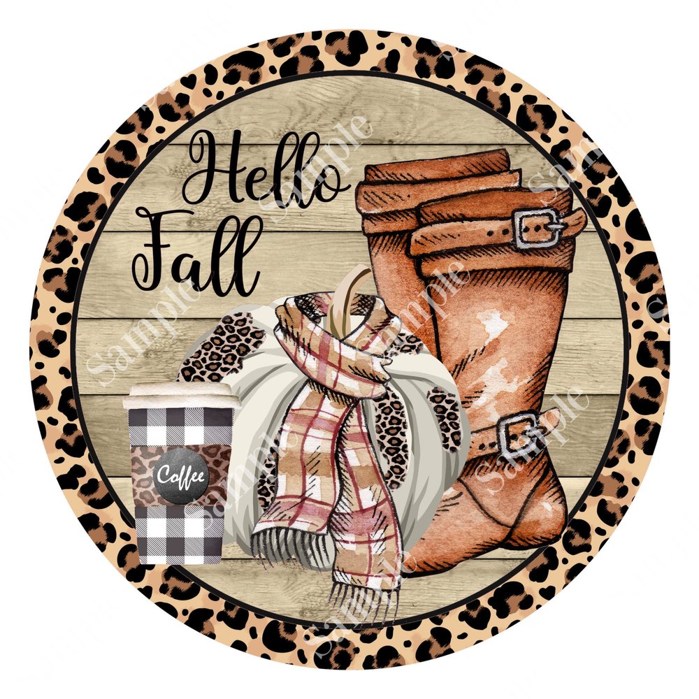 Vintage Metal Tin Signs Hello Fall Season Sign - Round Leopard Sign - Craft Supplies - Wreath Sign- Wreath Center - Tiered Tray Sign Metal Poster 8x8 Inch