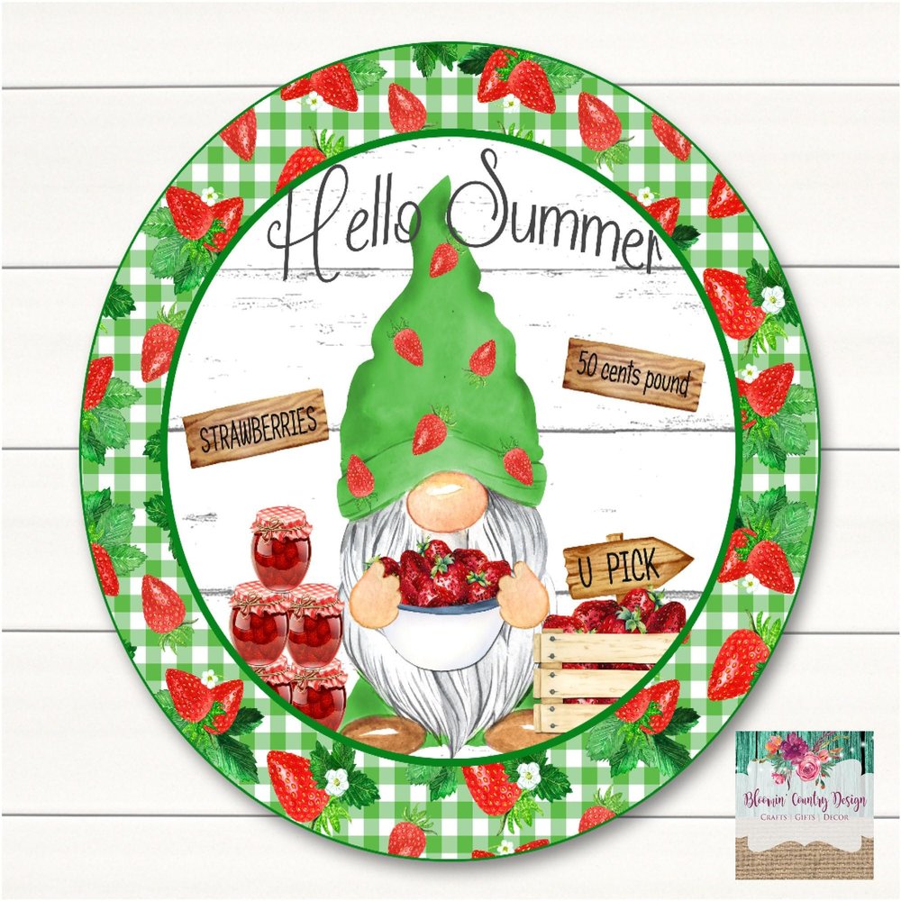 Vintage Metal Tin Signs Hello Summer Strawberry Gnome Sign - Round Sign - Craft Supplies - Strawberry Wreath Sign- Wreath Center Metal Poster 8x8 Inch