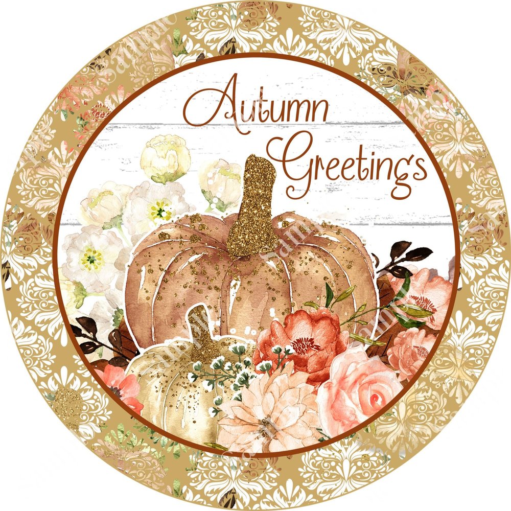 Vintage Metal Tin Signs Autumn Greetings Fall Sign - Round Sign - Craft Supplies - Pumpkin Wreath Sign- Wreath Center Metal Poster 6x6 Inch