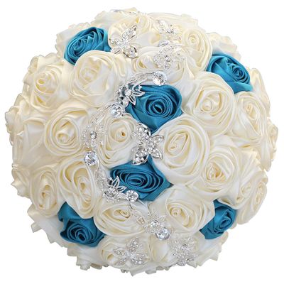 Sharebeauty 9.4" Handmade Satin Rose Bridal Bouquet Toss Round Wedding Bouquet Throw Toss Artificial Flower Bunch Ivory + Teal Blue