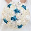 Sharebeauty 9.4" Handmade Satin Rose Bridal Bouquet Toss Round Wedding Bouquet Throw Toss Artificial Flower Bunch Ivory + Teal Blue view 3