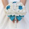 Sharebeauty 9.4" Handmade Satin Rose Bridal Bouquet Toss Round Wedding Bouquet Throw Toss Artificial Flower Bunch Ivory + Teal Blue view 4