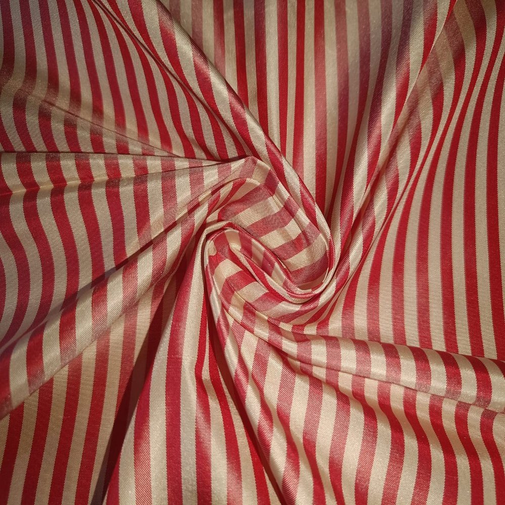 100% Silk Taffeta Fabric Red & Cream Color 4MM Stripes TafS118 54" Wide