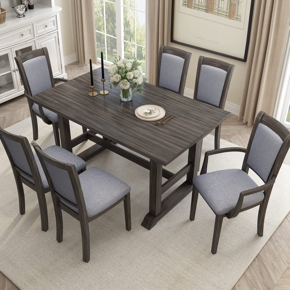 7-Piece Kitchen Trestle Dining Table Set,with Upholstered Side Chair and Arm Chair, Set of 6,Ergonomic Backrest,for Dining Room, Living Room. (Grey#1)