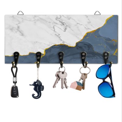 Key Holder for Wall Blue Marble Decorative Key Hanger for Wall White Modern Abstract Art Luxurious Wall Mounted Key Racks with 5 Rustic Key Hooks Wood Key Holder for Entryway Hallway Doorway Office
