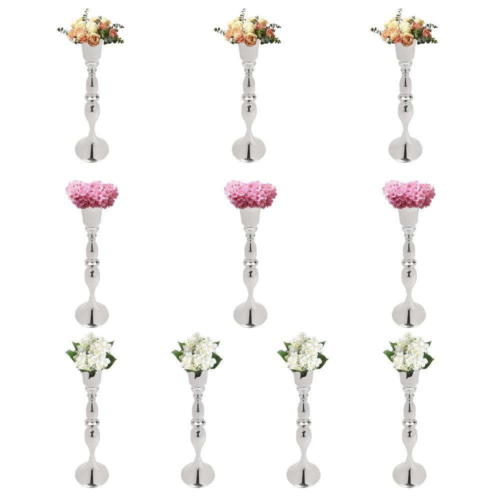 Gold Vase for Wedding Centerpieces Tables, 29.1" Tall Metal Flower Vase with Crystal Bead, Flower Vases for Table Anniversary Party Birthday Dinner Event Aisle Home Decoration (10Pcs Silver)