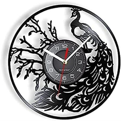 Wall Clock Peacock Bird Wall Clock with Feather Wall Art Modern Wall Clock Whimsical Vinyl Record Retro Wall Clock Decorative Wall Clock