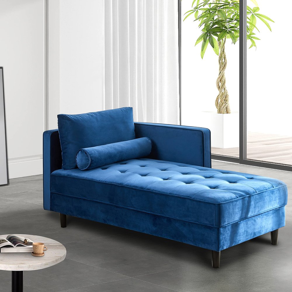 BAMOOLI 64'' Velvet Chaise Lounge Indoor, Modern Longue Chair Upholstered Chaise Longue with Support Pillow, Button Tufted Seat Cushion, Sleeper Sofa Recliner for Bedroom, Living Room, Apartment, Blue
