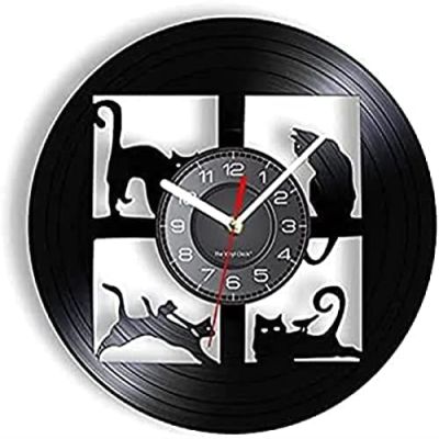 Round Wall Clock Cat Silhouette Wall Clock Pet Animal Pane Designed Wall Watch Carved Vinyl Record Art Home Decorative Gift