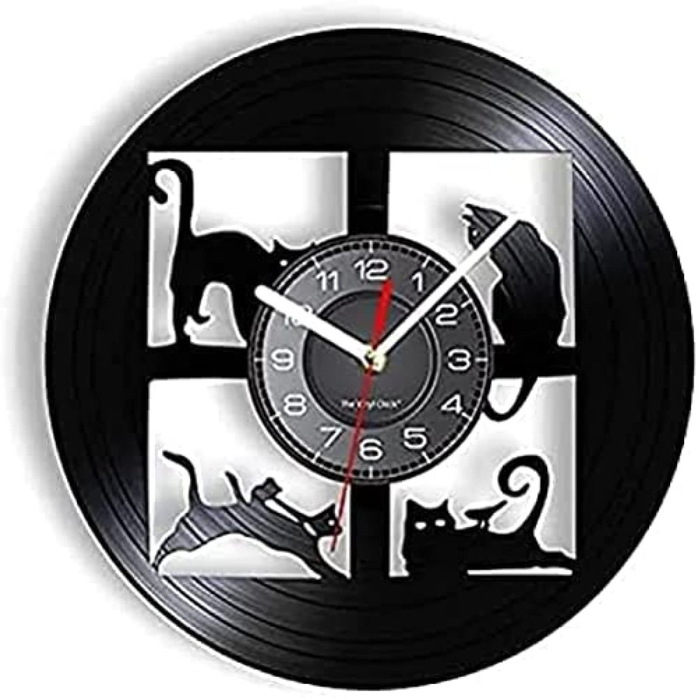 Round Wall Clock Cat Silhouette Wall Clock Pet Animal Pane Designed Wall Watch Carved Vinyl Record Art Home Decorative Gift